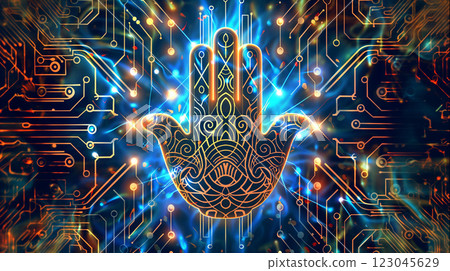 Futuristic holographic Hamsa hand design overlaid on a detailed electronic circuit board 123045629