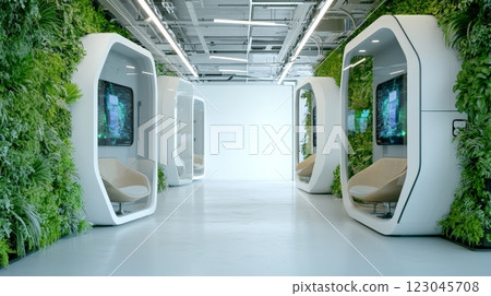 Futuristic green office with privacy pods 123045708