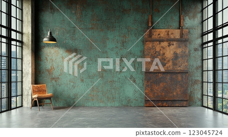 Industrial loft interior with rusty wall 123045724