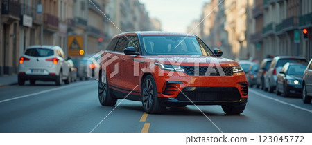 A vibrant orange SUV moves through a bustling urban street, capturing the golden light of the late afternoon. Surrounding vehicles and buildings create a dynamic setting. 123045772