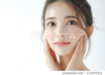 一名年輕的日本女子用雙手摀住臉。美容_美容_健康_護膚_化妝 一名年輕的日本女子用雙手摀住臉。美容_美容_健康_護膚_化妝 123045832