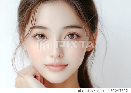 一位皮膚美麗的日本年輕女性。美容、健康、護膚和化妝品廣告設計的完美形象 一位皮膚美麗的日本年輕女性。美容、健康、護膚和化妝品廣告設計的完美形象 123045892