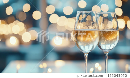 Two Glasses of Sparkling Wine with Bokeh Lights for a Festive Celebration Two Glasses of Sparkling Wine with Bokeh Lights for a Festive Celebration 123045950