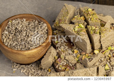 halva made from roasted sunflower seeds and crushed into one solid mass 123045997