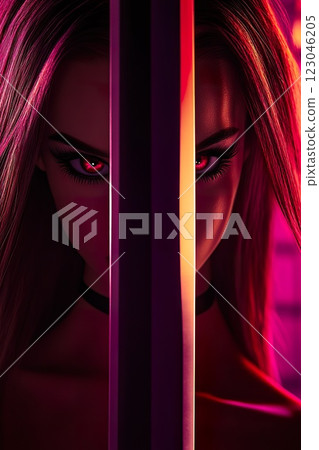 Mysterious woman with sword and intense stare in neon light. 123046205