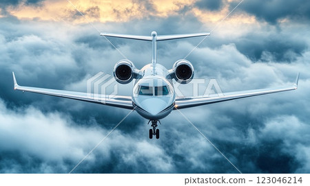 Luxurious interior view of a private jet soaring above the clouds in bright daylight. 123046214