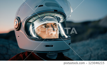 Astronaut With Helmet Prepares For Cold Night In Uninhabited Planet 123046215