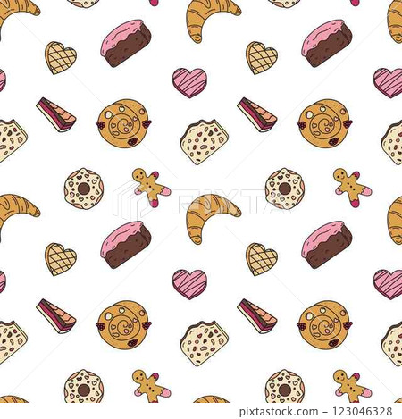 Sweets doodle Seamless pattern with bun, doughnut, croissant, chocolate cake. Vector patterns endless. Color sample pattern for fabric, packaging, background. 123046328