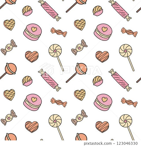 Sweets different candies doodle Seamless pattern with caramel on stick, wrapped candies, lollipop. Vector patterns endless. Color sample pattern for wallpaper, fabric, packaging, background. Sweets different candies doodle Seamless pattern with caramel on stick, wrapped candies, lollipop. Vector patterns endless. Color sample pattern for wallpaper, fabric, packaging, background. 123046330