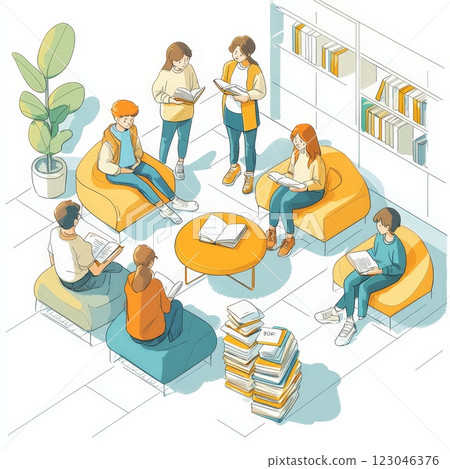 A Group of Diverse People Enjoying Reading and Relaxing in a Cozy Library Setting 123046376