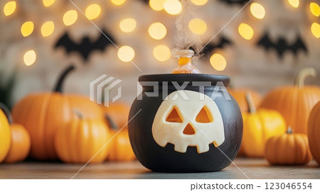 Halloween cauldron with potion and pumpkins 123046554