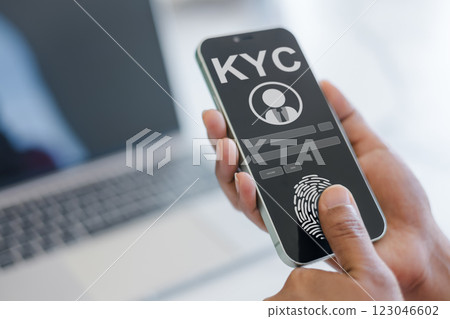 Human engaging in KYC verification, Business verifying the identity of clients for financial client authentication, KYC know your customer concept, Personal information for identification technology. 123046602