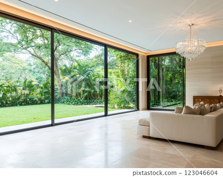 Modern living room with garden view 123046604