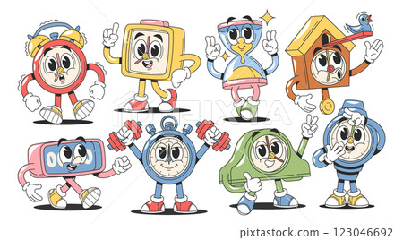 Modern electronic and vintage clock, hourglass, alarm clock, cuckoo-clock groovy characters set 123046692