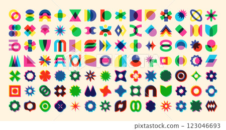 Colorful design elements of abstract risograph geometry, retro riso graphic prints isolated set 123046693