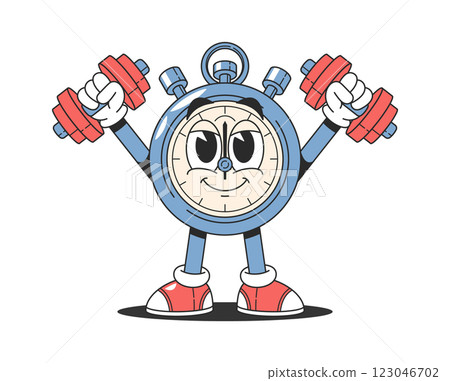 Stopwatch comic character lifting weights 123046702