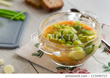 Natural Vegetable Soup with Brussels Sprouts on the Home Table 123046725