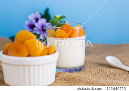 Light fruit yogurt with dried apricots and mint Light fruit yogurt with dried apricots and mint 123046733