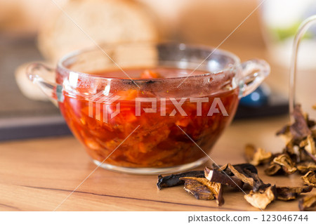 Diet red borscht with dried mushrooms 123046744