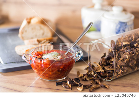 beetroot borscht with dried mushrooms for lunch beetroot borscht with dried mushrooms for lunch 123046746
