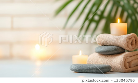 Relaxing ambiance a candle and soft towels on a table for a cozy spa experience 123046796