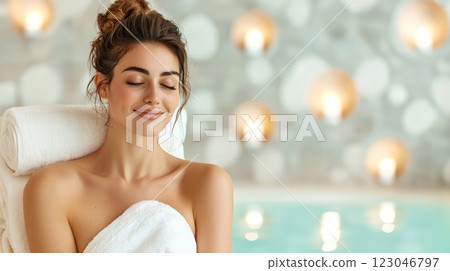 Relaxing by the pool a woman in a bath towel enjoying a serene moment of leisure 123046797