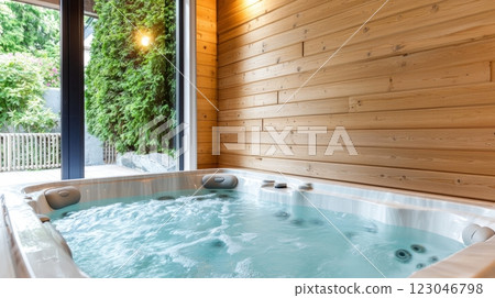 Relaxing Hot Tub with Wooden Wall and Garden View. 123046798