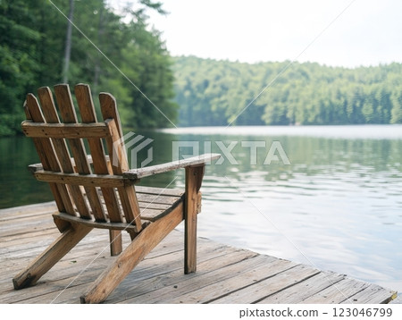 Relaxing on a Wooden Adirondack Chair by the Lake with a View of Lush Greenery 123046799