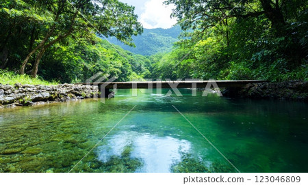Serene river landscape with a majestic bridge natures tranquility captured 123046809