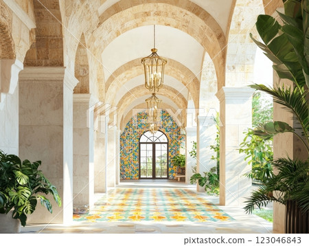 Sunlit mediterranean courtyard with ornate tilework. 123046843