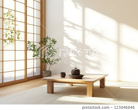 Sunlit minimalist japanese interior with tea set. 123046846