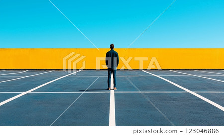 Yellow wall, blue sky, empty parking lot 123046886
