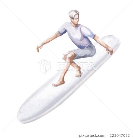 Guy on a surfboard in a T-shirt and shorts. Isolated watercolor illustration on the theme of surfing for the design travel agencies, restaurants, sports stores, sports magazines and websites. 123047032