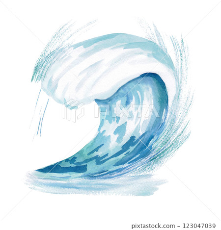 Big ocean horizontal wave. Isolated watercolor illustration on tourism theme for design of cafes, travel agencies, restaurants, sports shops, sports magazines and websites. 123047039