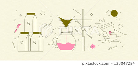Coffee maker, pack of coffee, take away cup light yellow 123047284