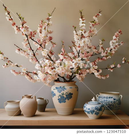 陶瓷和櫻花插花 123047310