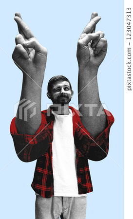 Man raising crossed fingers with an exaggerated pose represents hope and uncertainty. Conceptual art collage. Man raising crossed fingers with an exaggerated pose represents hope and uncertainty. Conceptual art collage. 123047313