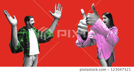 Man celebrating with raised hands while woman gives thumbs up, both expressing enthusiasm and mutual excitement against red background. Man celebrating with raised hands while woman gives thumbs up, both expressing enthusiasm and mutual excitement against red background. 123047321