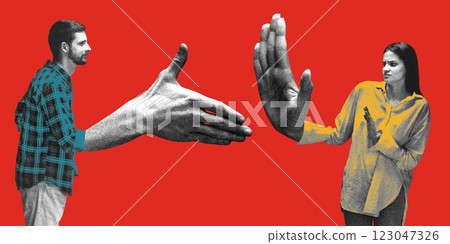 Man offering handshake while woman raises hand in rejection, displaying conflicting emotions against red background. Conceptual art collage. 123047326
