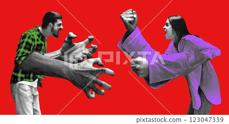 Man extending oversized hands aggressively while woman clenches fists in defensive stance, both shouting against red background. 123047339