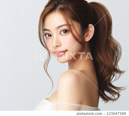 Beautiful woman in white tube top Beautiful woman in white tube top 123047399