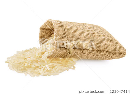 rice basmati in a bag isolated on white background. Top view. Flat lay 123047414