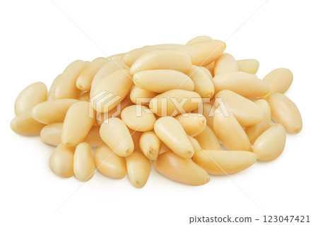 Shelled European pine nuts isolated on white background with full depth of field Shelled European pine nuts isolated on white background with full depth of field 123047421