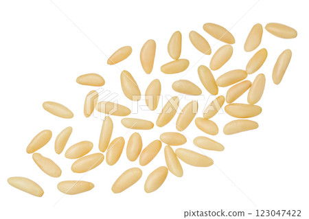 Shelled European pine nuts isolated on white background with full depth of field. Top view. Flat lay 123047422