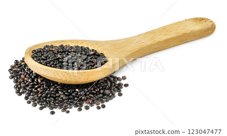 black quinoa in wooden spoon isolated on white background 123047477