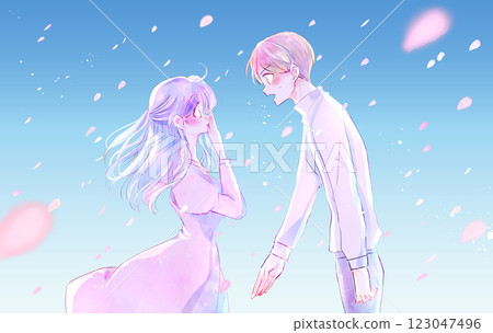 A man confessing his love and a surprised woman Wind, cherry blossom storm, backlight A man confessing his love and a surprised woman Wind, cherry blossom storm, backlight 123047496