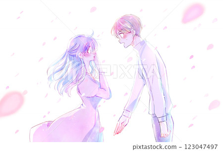 男人告白與女人驚訝 風,櫻花風暴,背光 男人告白與女人驚訝 風,櫻花風暴,背光 123047497