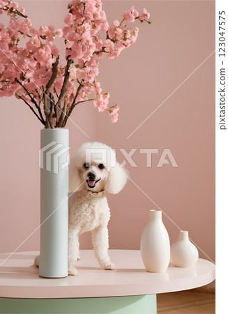 White Chihuahua peeking out from the cherry blossoms White Chihuahua peeking out from the cherry blossoms 123047575