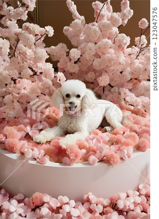 一隻白色的吉娃娃埋在櫻花中 一隻白色的吉娃娃埋在櫻花中 123047576