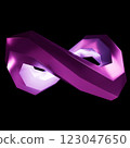 Futuristic 3D faceted infinity symbol, abstract purple ribbon with lighting on a black background, modern digital art, neon geometric shape, concept of infinity and eternity 123047650